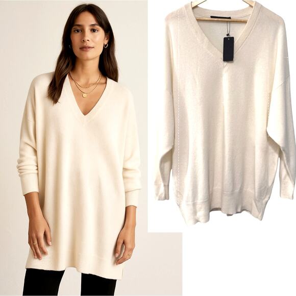 NWT! Jenni Kayne L Oversized 100% Cashmere Longline Flynn Sweater Winter White - Picture 1 of 9